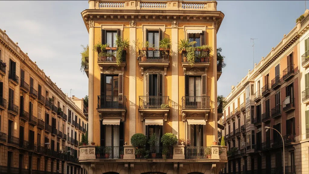 Fachada edificio residencial Barcelona típico barrio Eixample