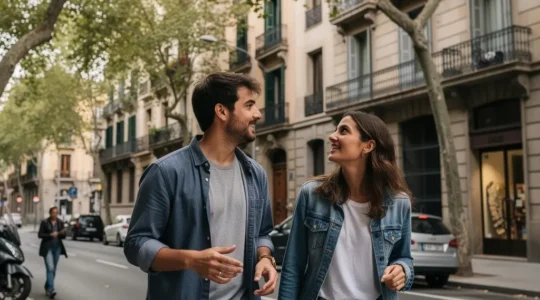 Pareja joven observando edificios residenciales Barcelona para elegir agencia inmobiliaria