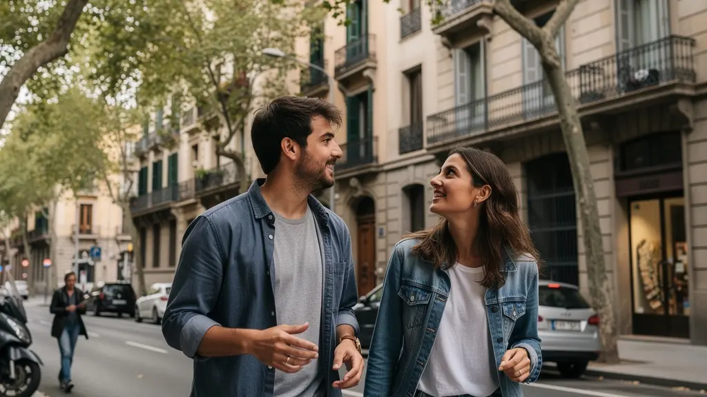 Pareja joven observando edificios residenciales Barcelona para elegir agencia inmobiliaria