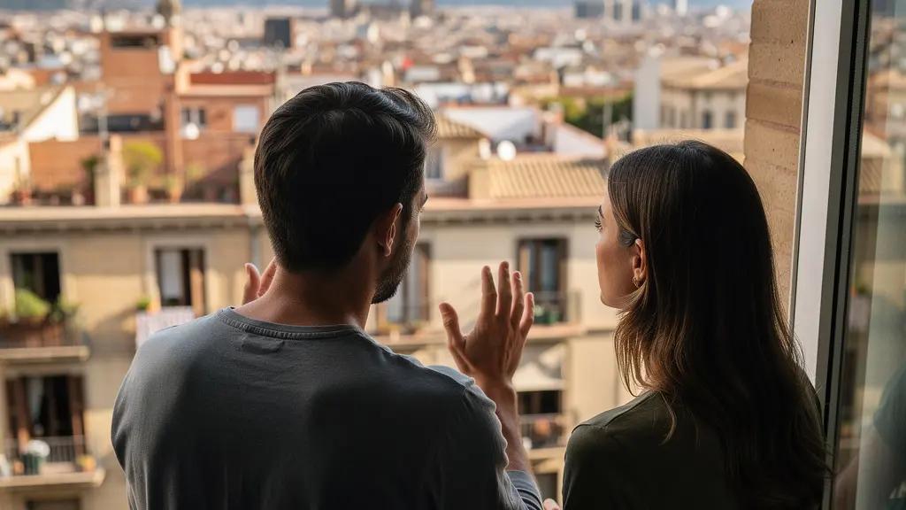Pareja mediterránea visitando un apartamento en Barcelona mirando por la ventana