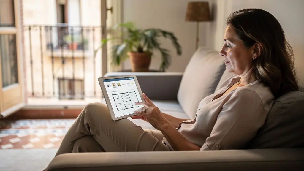 Mujer consultando valoración inmobiliaria en tablet desde salón de apartamento barcelonés